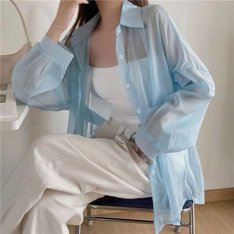Solid Color Thin Oversized Long Sleeve Blouse