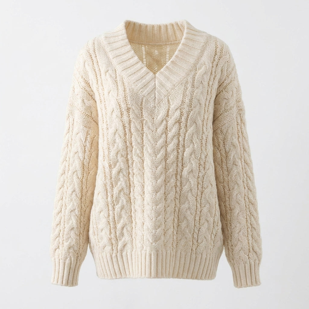 Beige cable knit sweater on a light gray background
