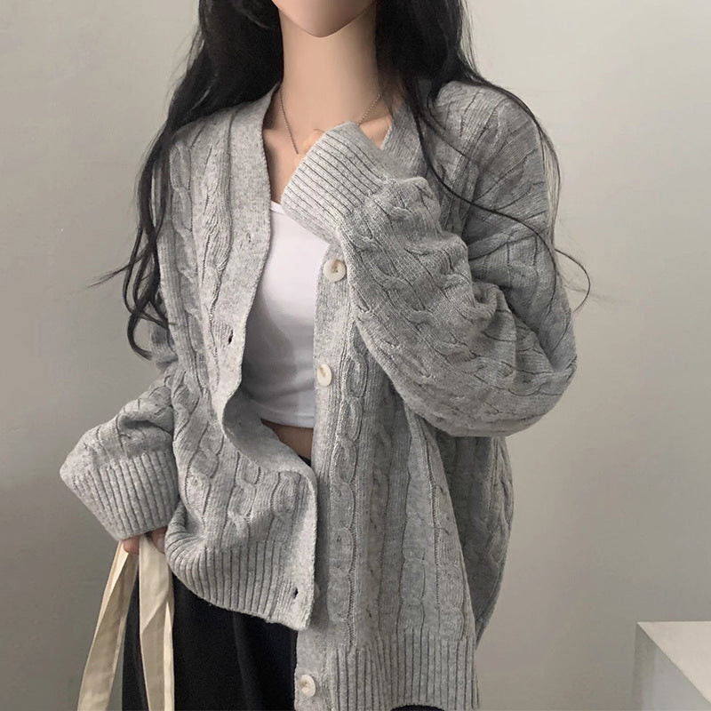 Solid Color V-Neck Loose Cable Knit Cardigan
