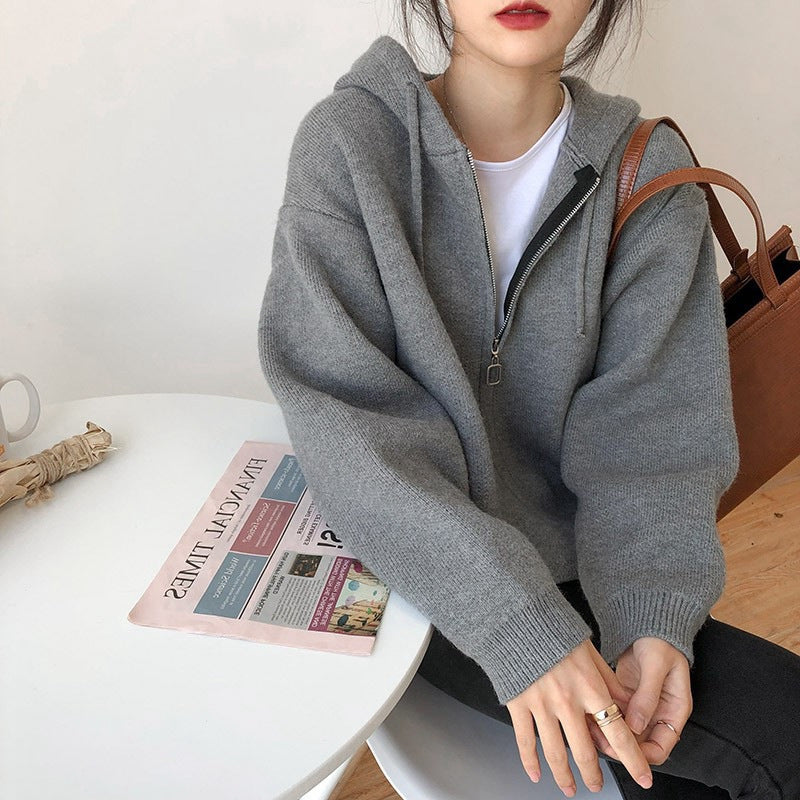 Solid Color Zip Up Oversized Hooded Cardigan - fairypeony