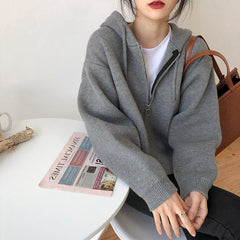 Solid Color Zip Up Oversized Hooded Cardigan - fairypeony