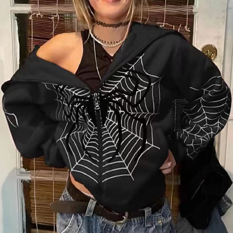 Spider Print Zip Up Hoodie - fairypeony