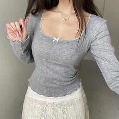 Square Collar Bow Knit Long Sleeve Tee