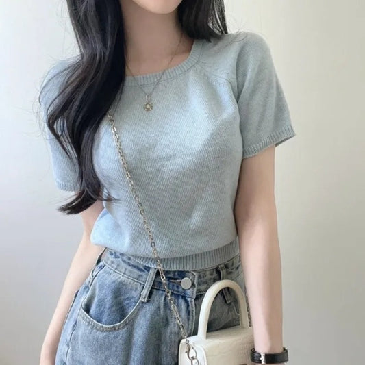 Square Collar Short Sleeve Knitted Tee