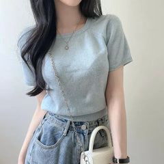 Square Collar Short Sleeve Knitted Tee