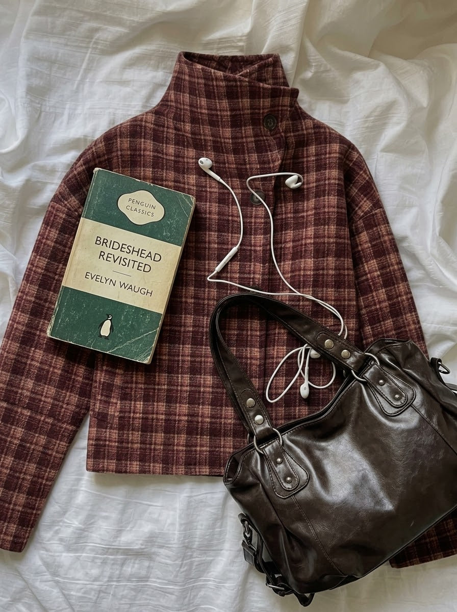 Stand Collar Wool Plaid Jacket + Retro Crossbody Bag