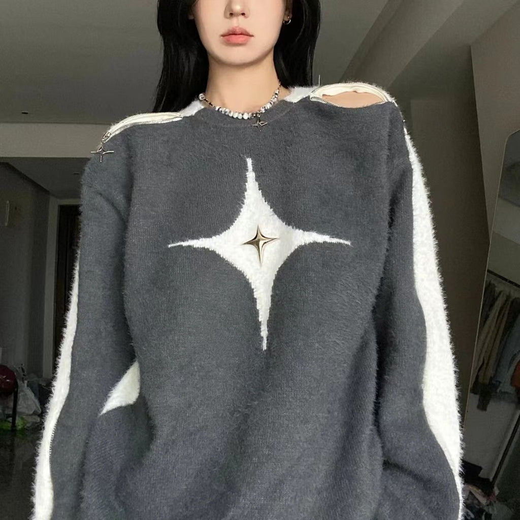 Star Decor Zipper Cutout Loose Sweater - fairypeony