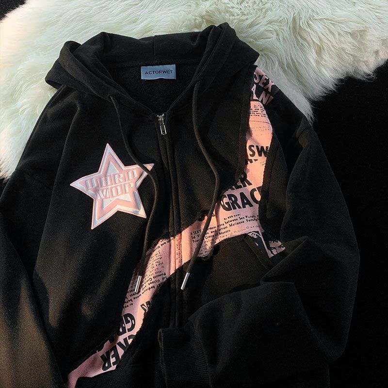 Star Letter Print Patchwork Oversized Hoodie - fairypeony