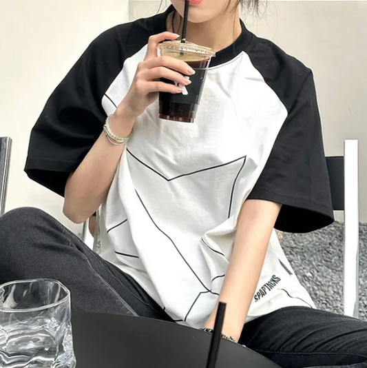 Star Print Raglan Short Sleeve Oversized Tee
