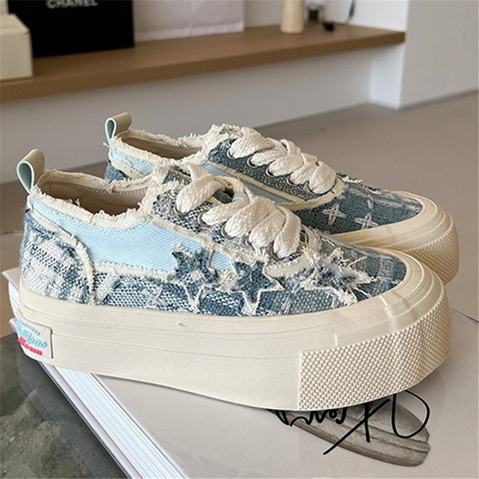 Stars Frayed Trim Sneakers - fairypeony