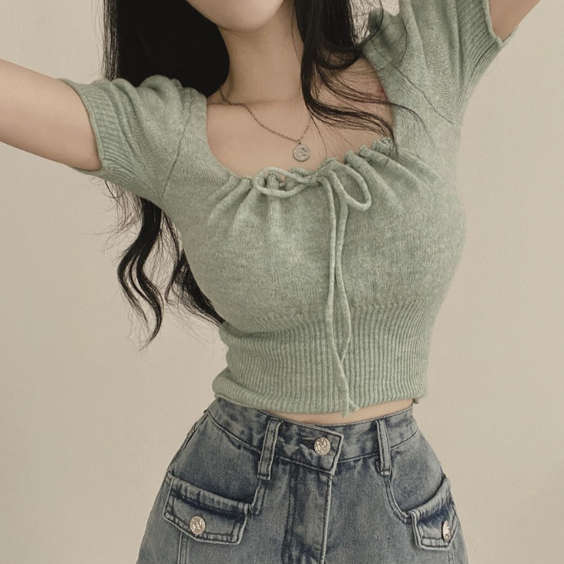 Stitching Square Collar Knitted Tee