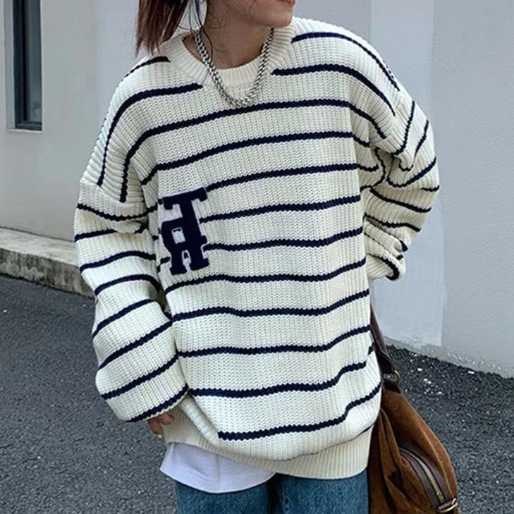 Striped Letter Embroidery Print Pullover Sweater - fairypeony