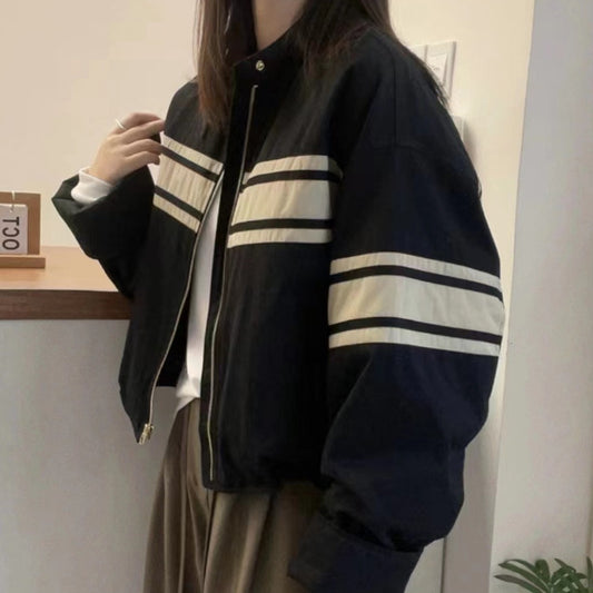 Striped Oversized Bomber Zip UP Jacket - fairypeony