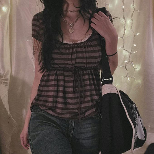 Striped U Neck Drawstring Short Sleeve Tee