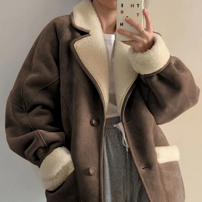 Suede Lambswool Lapel Neck Jacket - fairypeony