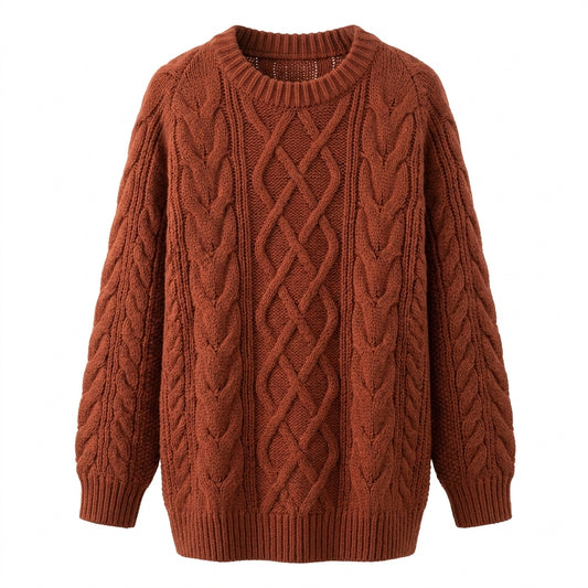 Solid Color Cable Knit Round Neck Sweater