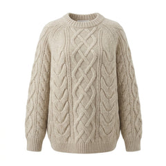 Solid Color Cable Knit Round Neck Sweater
