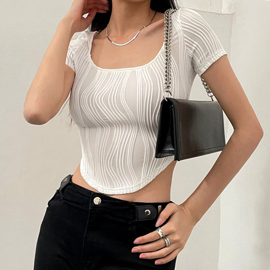 Textured Stripe Short Sleeve Crop Top - fairypeony
