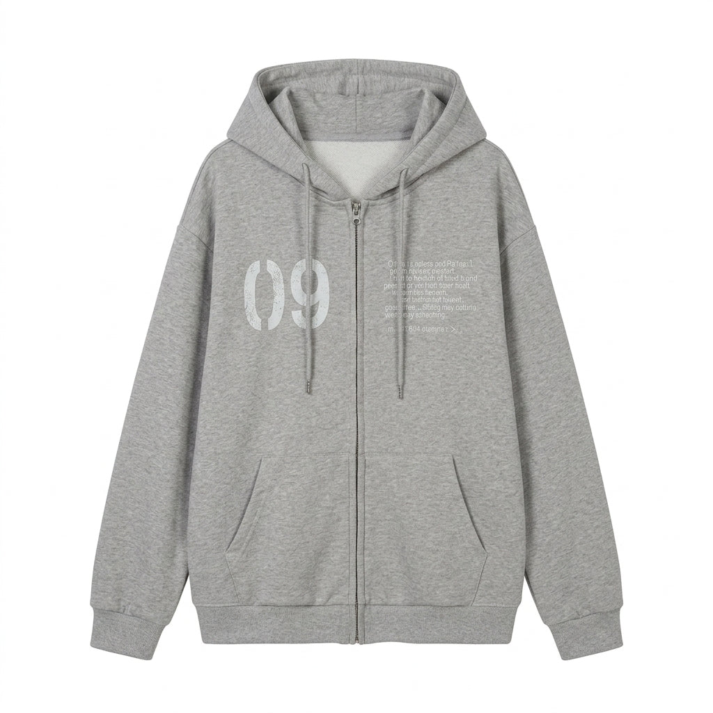 A light gray heather zip-up hoodie with a white stencil-style '09' graphic on the left chest and small white text on the right chest, displayed against a solid white background.
