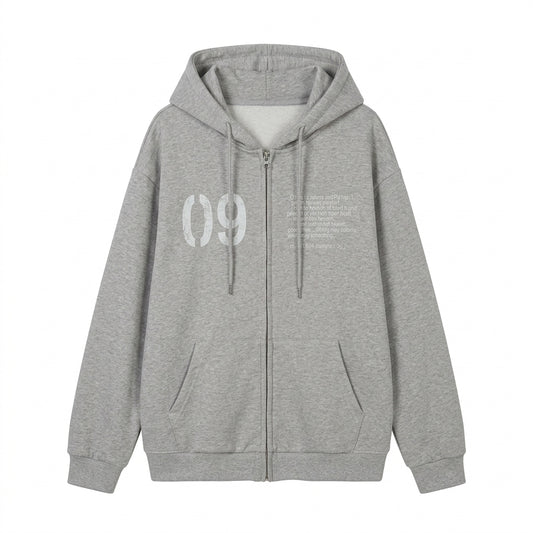 A light gray heather zip-up hoodie with a white stencil-style '09' graphic on the left chest and small white text on the right chest, displayed against a solid white background.