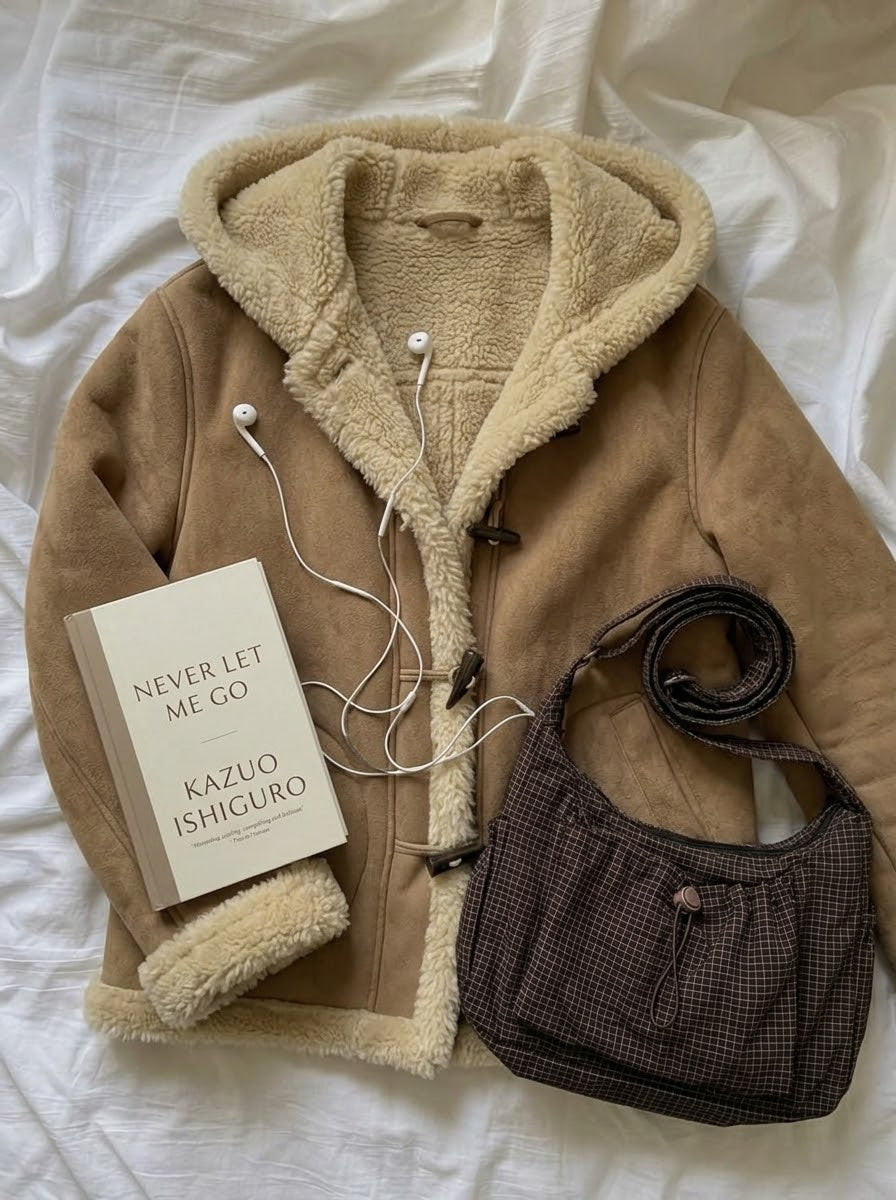 Thickened Hooded Horn Button Fur Outwear + Vintage Checkered Print Crossbody Bag