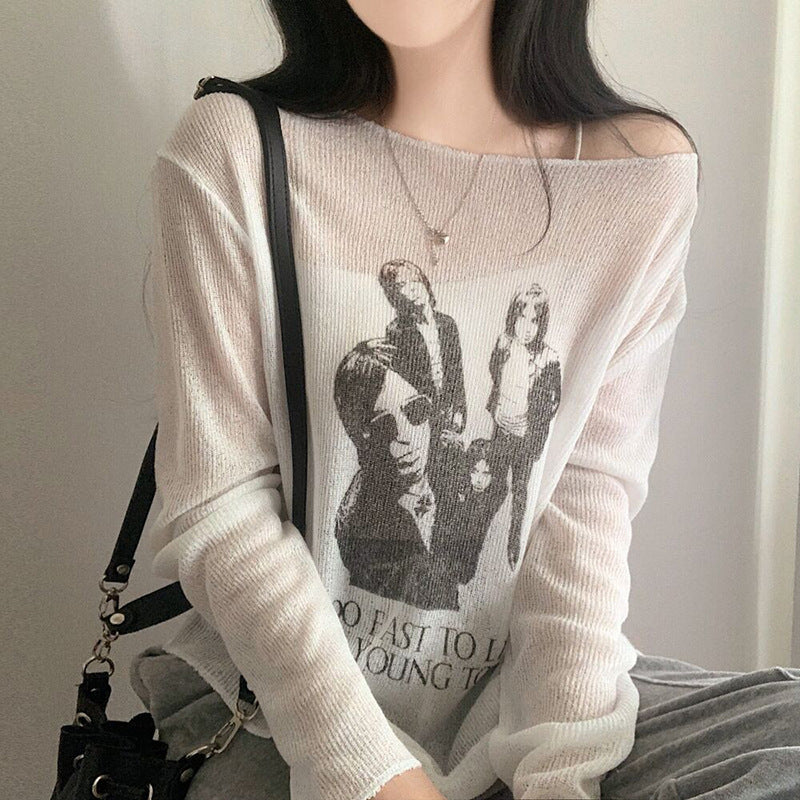 Thin Portrait Print Knit Top - fairypeony