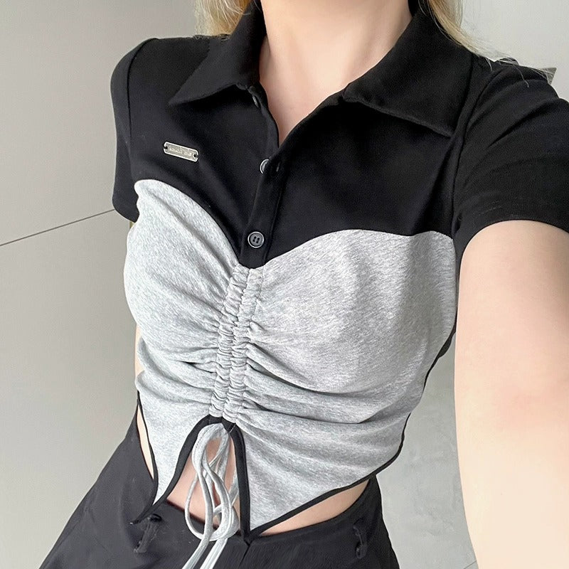 Tie Front Patchwork Button Up Crop Top - fairypeony