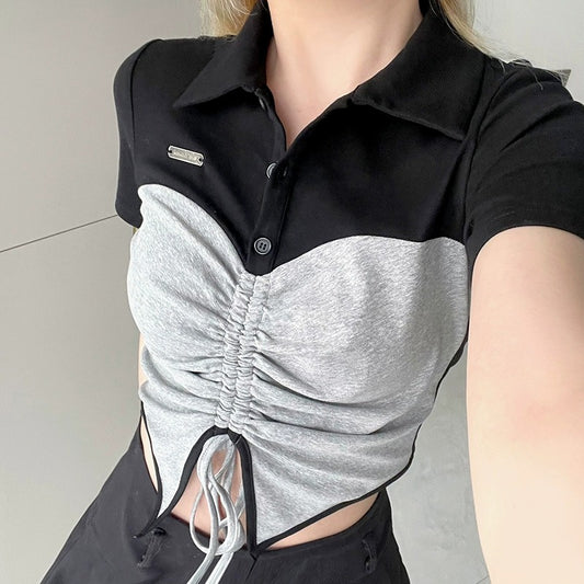 Tie Front Patchwork Button Up Crop Top - fairypeony