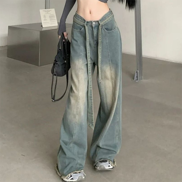 Tie Strap Seam Detail Vintage Washed Jeans - fairypeony