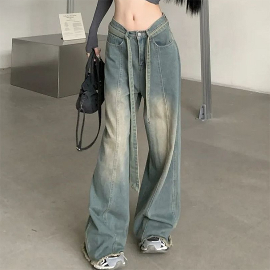 Tie Strap Seam Detail Vintage Washed Jeans - fairypeony