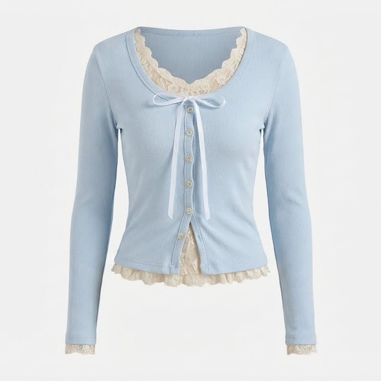 Aesthetic Lace Trim Fake Two Piece Tee - fairypeony