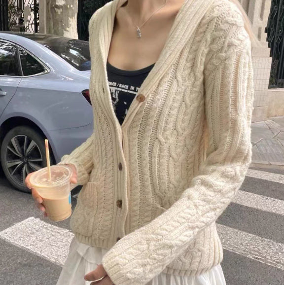 Turn Down Collar Cable Knit Cardigan