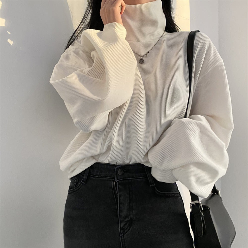 Turtle Neck Long Sleeve Corduroy Oversized Tee