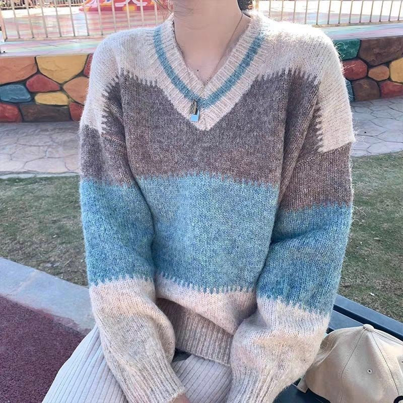 V-Neck Color Block Striped Sweater - fairypeony