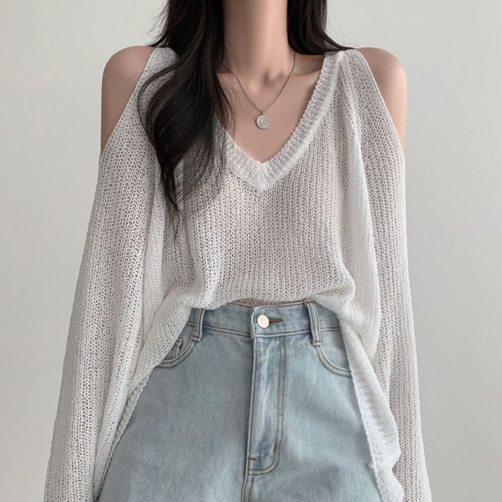 V-Neck Off Long Sleeve Oversized Knit Tee