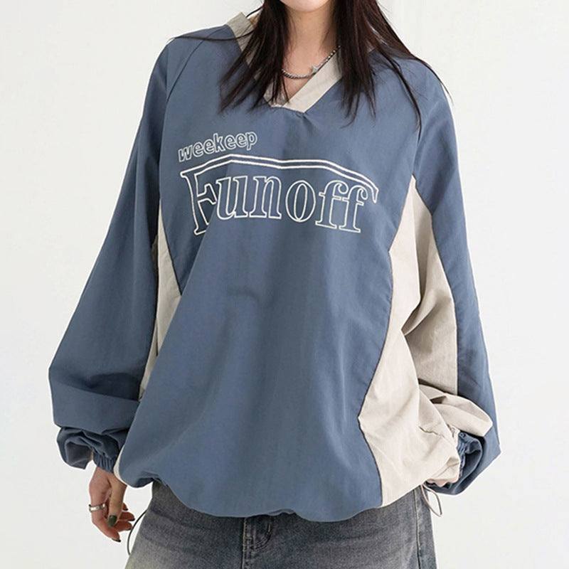 V-Neck Patchwork Oversized Sweatshirt - fairypeony