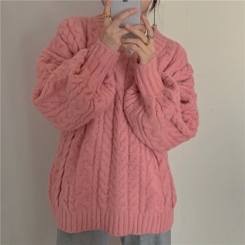 V Neck Pullover Cable Knit Sweater - fairypeony