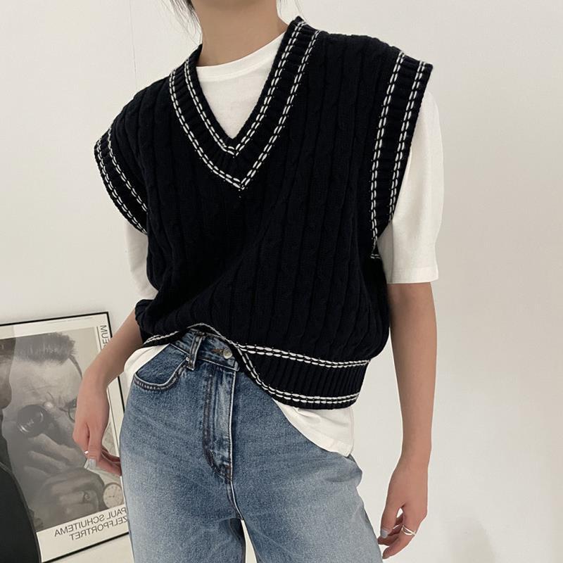 V Neck Stitched Cable Knit Sweater Vest - fairypeony