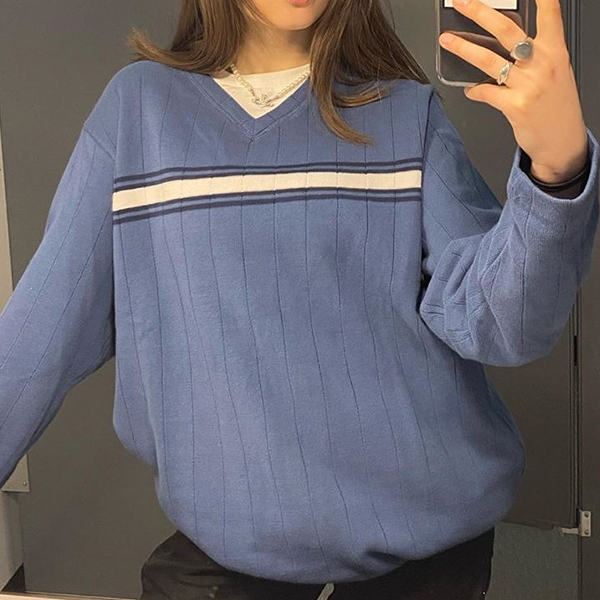 V Neck Striped Oversize Sweater - fairypeony