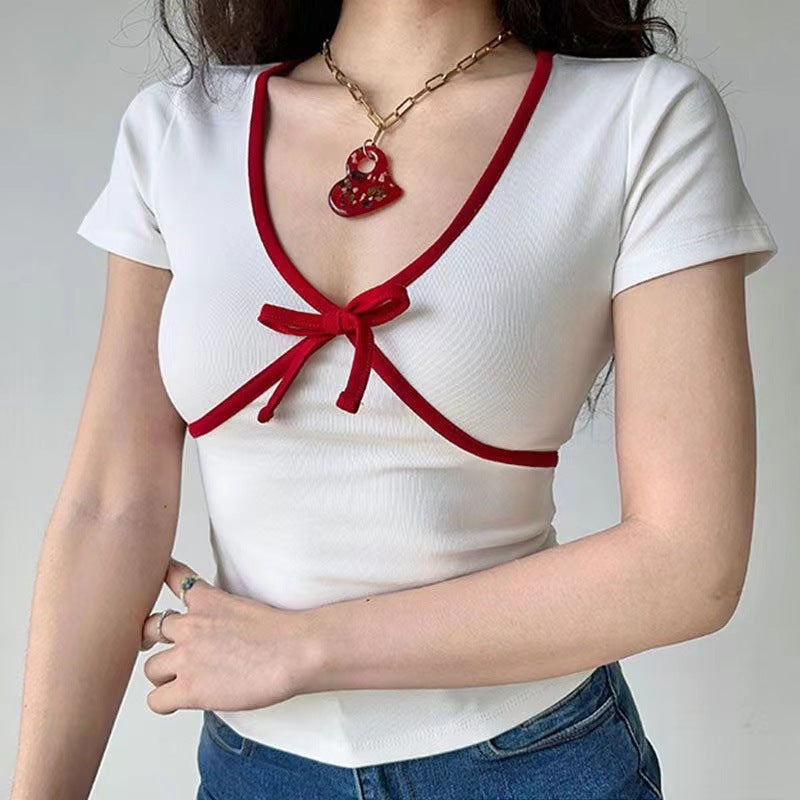 V-Neck Bow Knot Short Sleeve Coquette Tee
