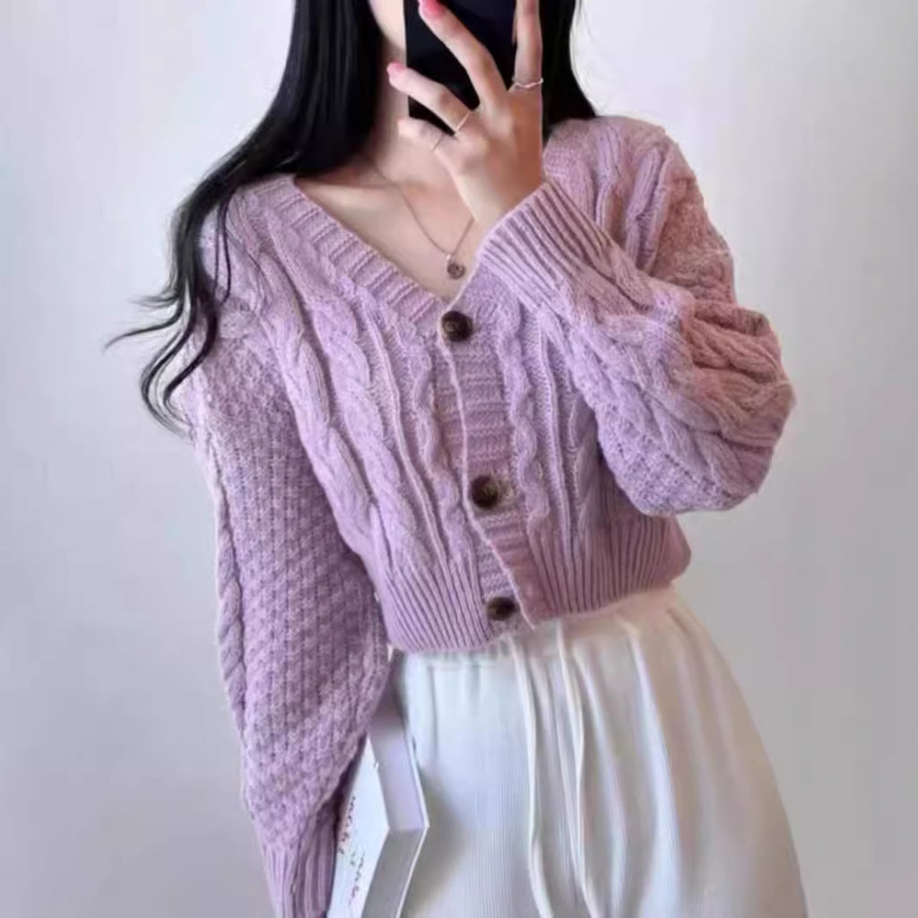 V-Neck Cable Knit Button Cardigan