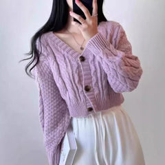 V-Neck Cable Knit Button Cardigan