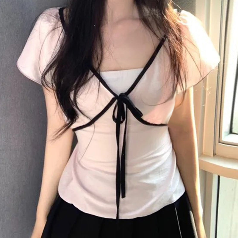 V-Neck Front Tie Coquette Short Sleeve Tee