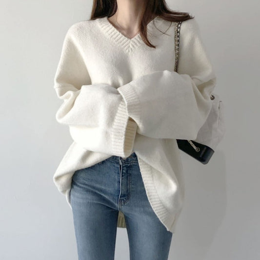 V-Neck Solid Color Loose Sweater