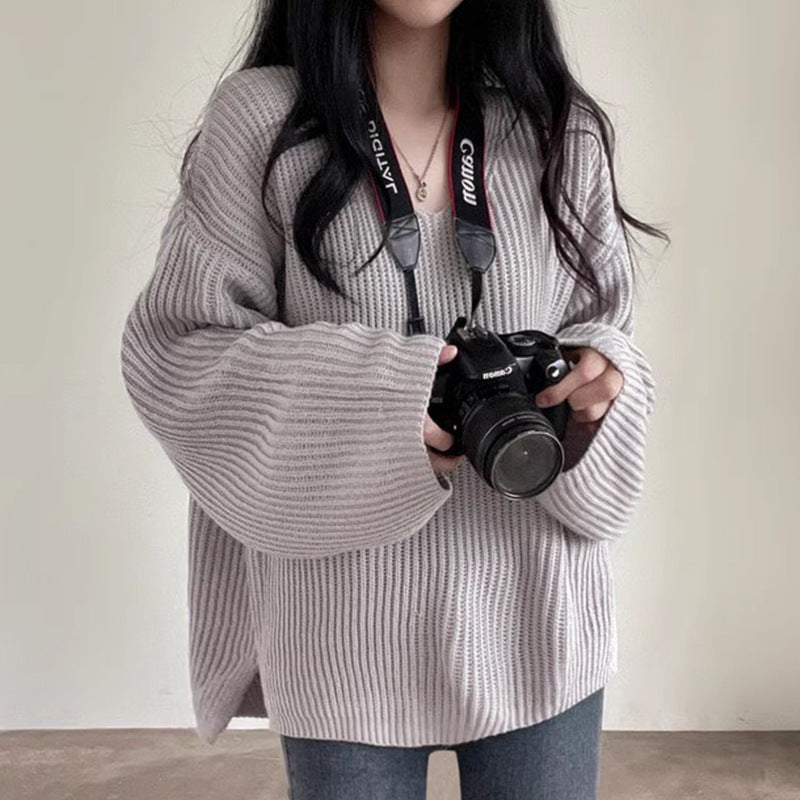 V-Neck Solid Color Loose Sweater