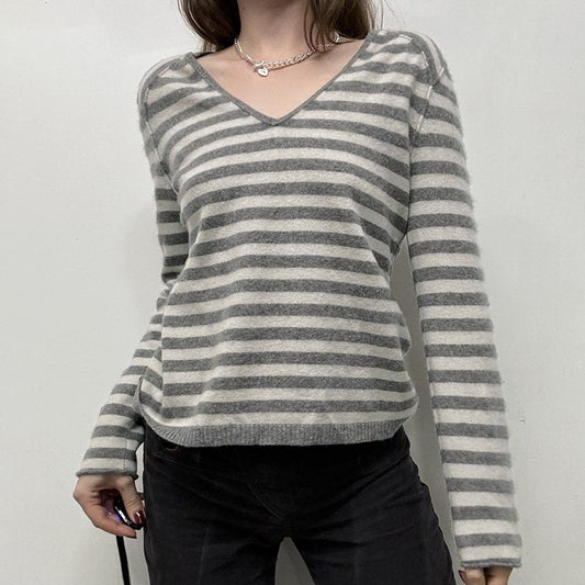 V-Neck Striped Loose Knitted Tee - fairypeony