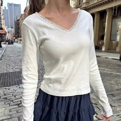 V-neck Lace Trim Long Sleeve Tee