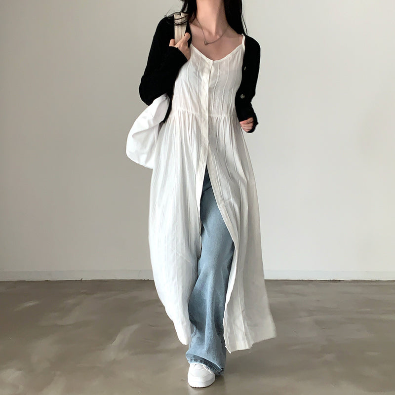 V-neck Single breasted Hollow Lace Midi Sling Dress