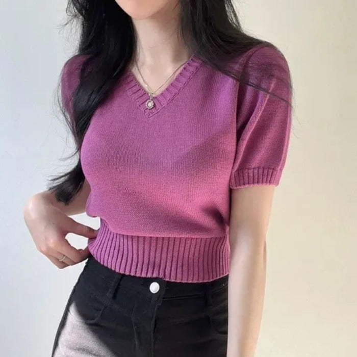 V-neck Solid Color Short Sleeve Knitted Tee