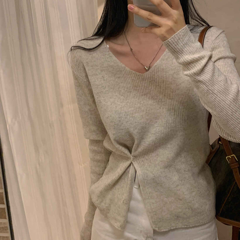 V-neck Split Waist Long Sleeve Knitted Tee
